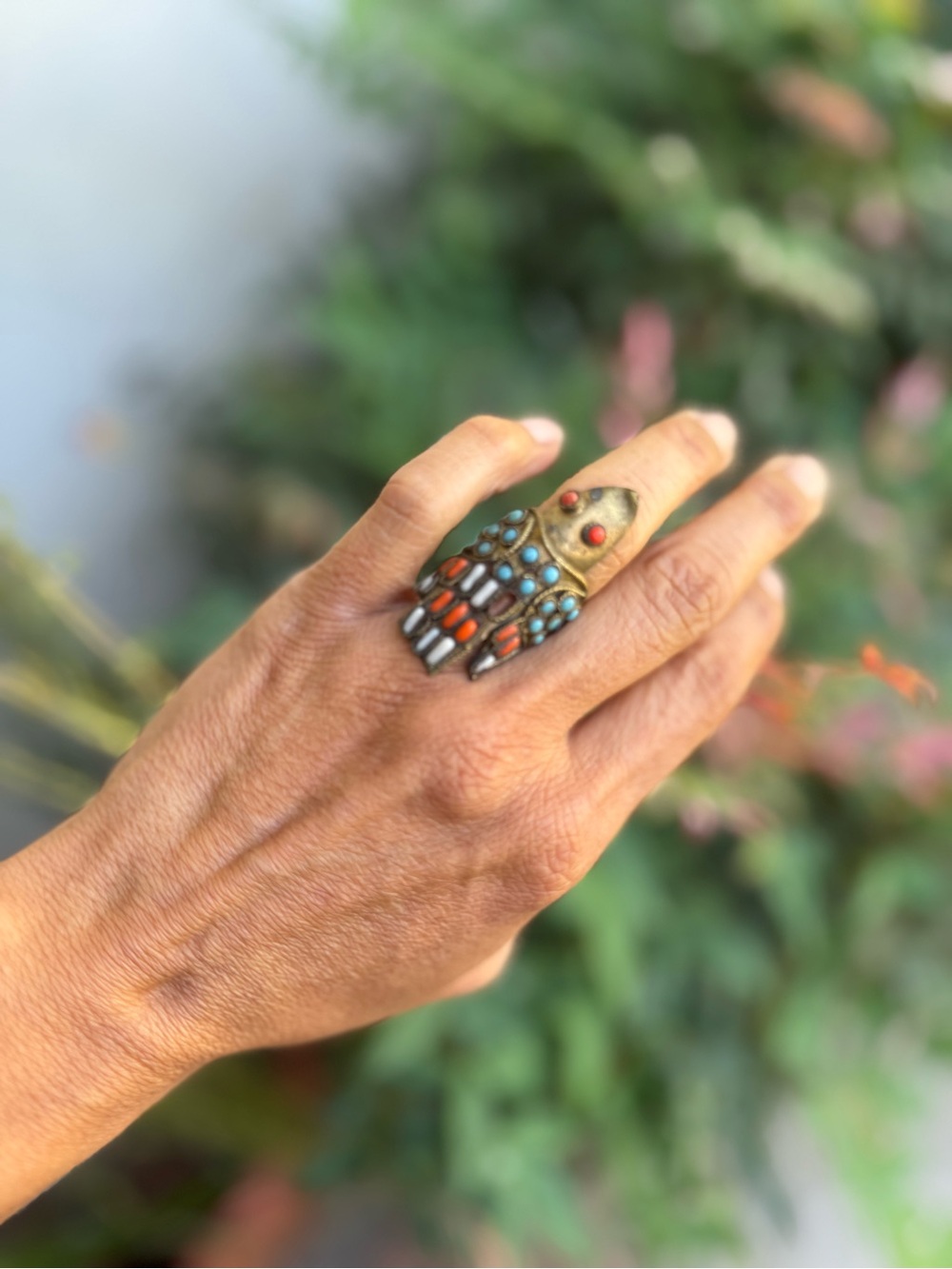 Vtg Tibetan Handcrafted Brass Statement Ring with Turquoise & Coral Accents